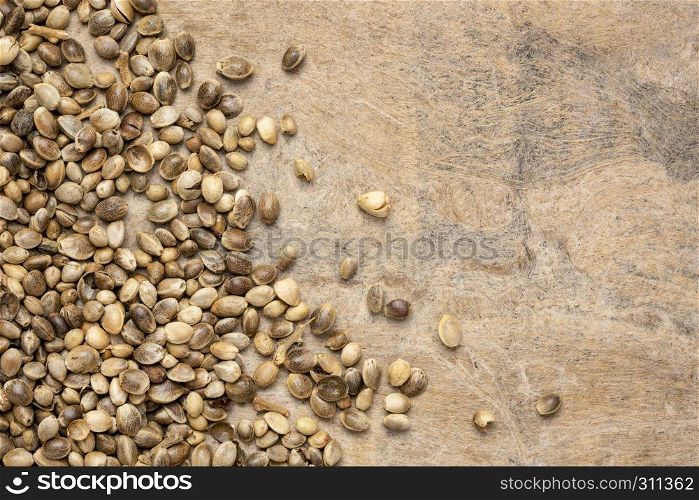 dried hemp seeds on textured handmade bark paper with a copy space