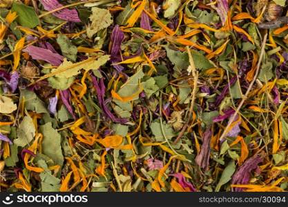 Dried herbal flower tea leaves close up as a background