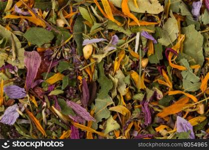 Dried herbal flower tea leaves close up as a background