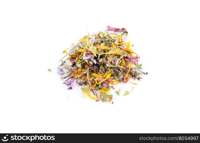 Dried herbal flower tea leaves over white background