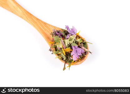 Dried herbal flower tea leaves over white background