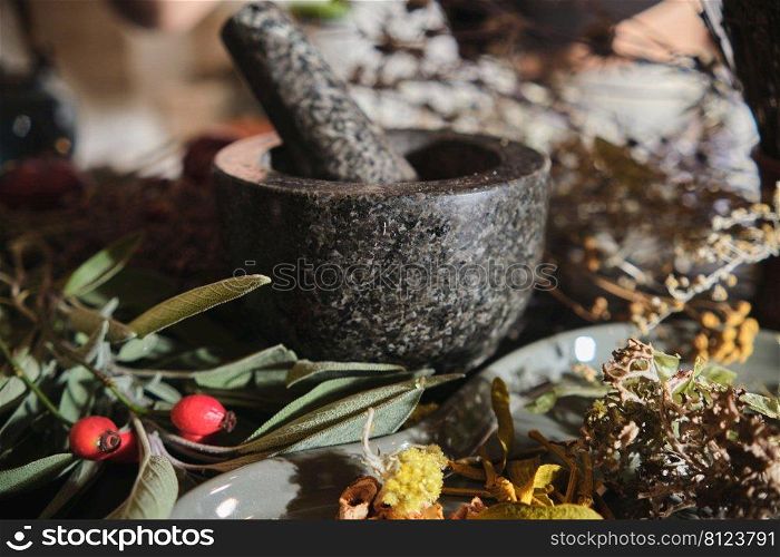 Dried herbs for making tea, tinctures, medici≠s. Phytotherapy, a<ernative medici≠. 