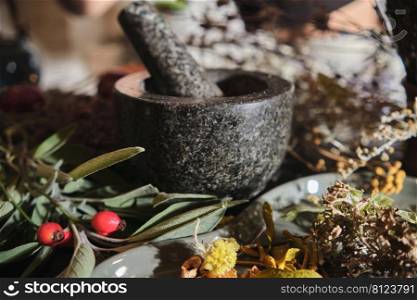 Dried herbs for making tea, tinctures, medici≠s. Phytotherapy, a<ernative medici≠. 