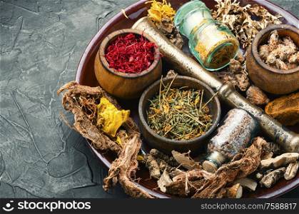 Dried herbs for use in alternative medicine.Natural herbal ingredients.Alternative medicine concept. Selection healing herbs