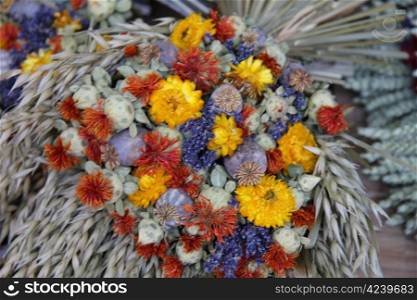 Dried lavender and wheat bouquets, for sale at a local market in the Provence, France