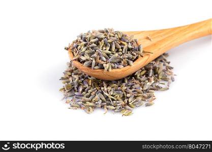 dried lavender organic tea in wooden spoon Isolated on white background