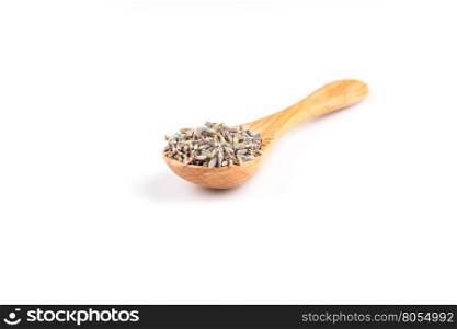 dried lavender organic tea in wooden spoon Isolated on white background