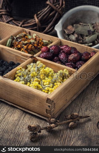 Dried medicinal herb. Dried medicinal herbs in wooden box on background of licorice