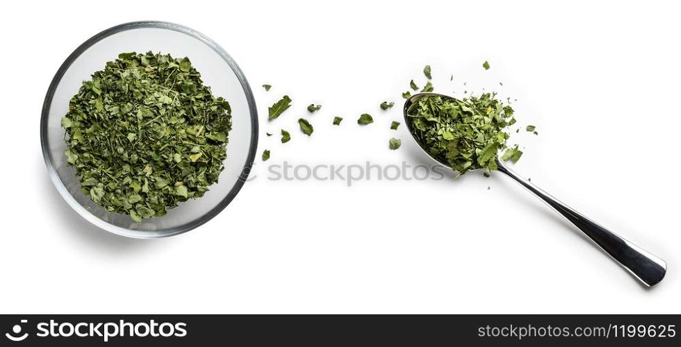 Dried Moringa on a white background. The view from the top.. Dried Moringa on a white background. The view from the top