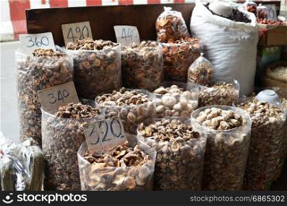 Dried mushroom sold in market in Chinatown, Bangkok