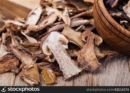 dried mushrooms, on a wooden table