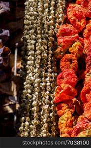 Dried peppers and aubergines and colourful spices in the Spice Market