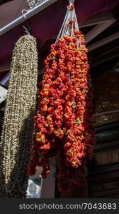 Dried peppers and aubergines and colourful spices in the Spice Market