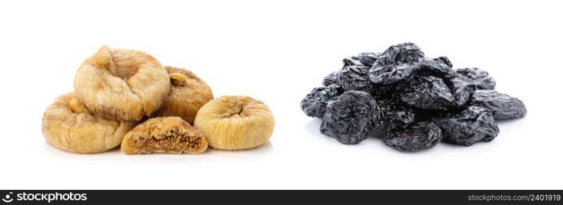 Dried prunes, dried figs isolated on white background. Collage of different dried fruits.