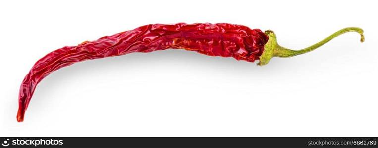 Dried red hot chili pepper. Close up studio shot of spice on white background
