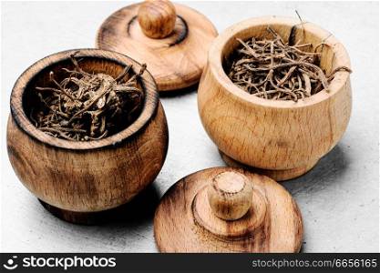Dried rhizomes and roots of valerian medicinal.Medicinal herbs. Dry root valerian