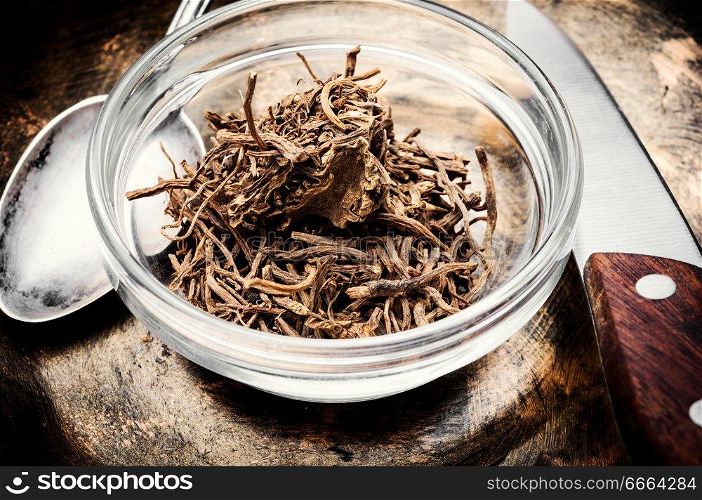 Dried rhizomes and roots of valerian medicinal.Natural herbal medicine. Dry root valerian