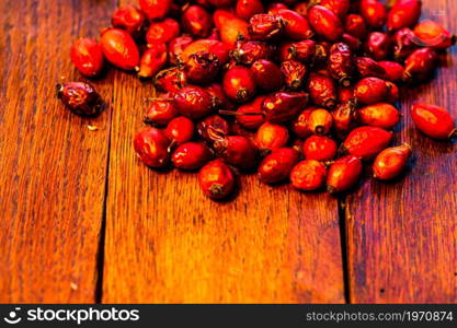 Dried rosehips .Rose hip or rosehip, commonly known as the dog rose (Rosa canina)