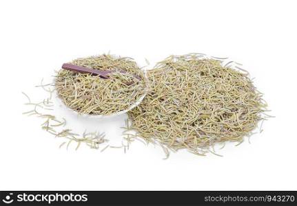 dried rosemary in wooden spoon on white background.