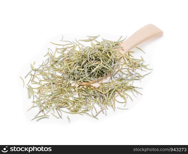 dried rosemary in wooden spoon on white background.