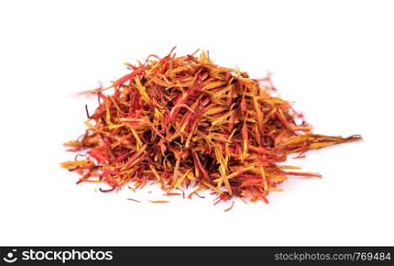 Dried saffron spice isolated on white background.