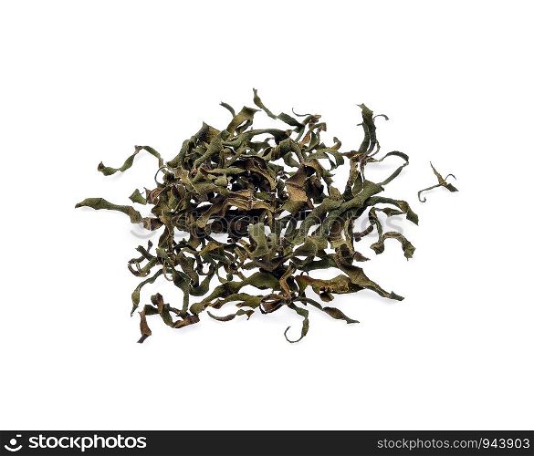 Dried tea leaves isolated on white background.