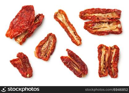 Dried tomatoes isolated on white background. Top view