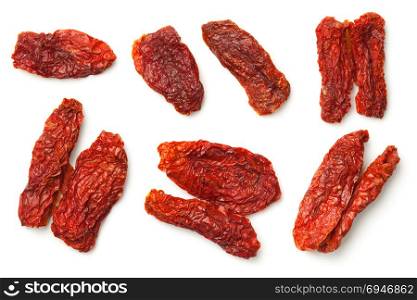 Dried tomatoes isolated on white background. Top view