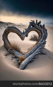 Driftwood in the shape of a heart washed ashore a desolate foggy beach created by AI 