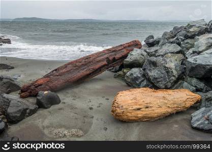 Driftwood logs sit on the shoreline at Alki Beach in West Seattle, Washington.