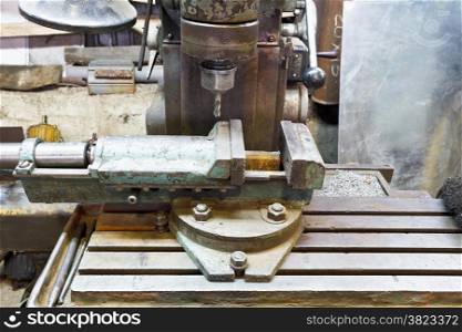 drill of old boring machine close up in locksmith workshop