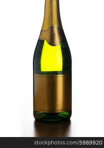 drink, alcohol, advertisement and holidays concept - close up of bottle of champagne with blank golden label over dark background