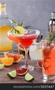 Drinks and cocktails with Tequila-based different citrus fruits