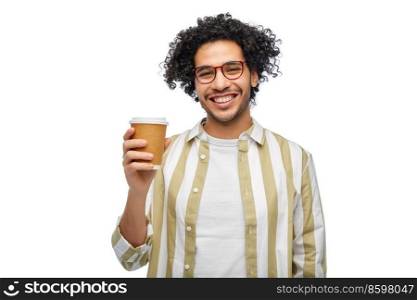 drinks and people concept - smiling young man in glasses with takeaway coffee cup over white background. smiling young man with takeaway coffee cup