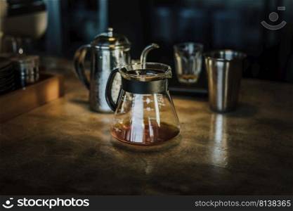 Drip brew coffee in a pot. 