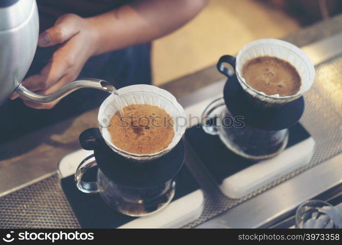 drip coffee in cafe, vintage filter image