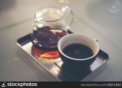 drip coffee in cafe, vintage filter image