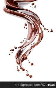 Dripped dark chocolate wave or flow splash, pouring hot melted milk chocolate sauce or syrup, cocoa drink or cream, abstract dessert   background, choco splash, drink dessert, isolated, 3d rendering