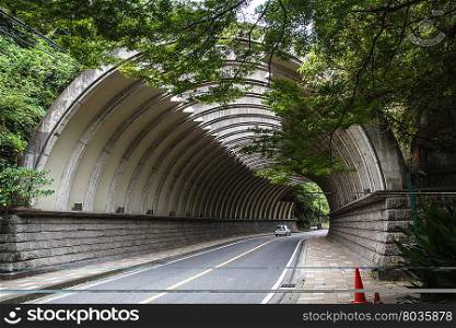 Drive through mountain tunnels, Tokyo, Japan.