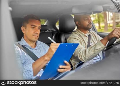 driver courses, exam and people concept - young man and driving school instructor with clipboard in car. car driving school instructor and young driver