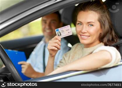 driver courses, exam and people concept - young woman with license and driving school instructor with clipboard in car. car driving instructor and driver with license