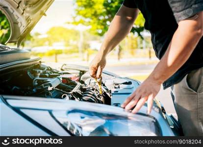 Driver hand inspecting car oil level. Man hand checking oil to car with copy space. People hand inspecting car oil level