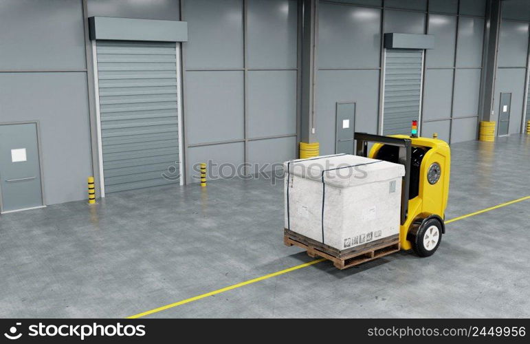 Driverless robotics car forklift robot lifting and moving pallets cardboard box to storage room in the factory background. Business industrial and production concept. and a 3D illustration rendering