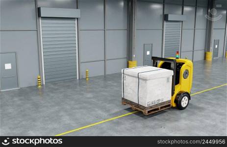 Driverless robotics car forklift robot lifting and moving pallets cardboard box to storage room in the factory background. Business industrial and production concept. and a 3D illustration rendering
