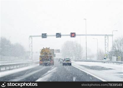 Driving during a snowstorm in Amsterdam the Netherlands