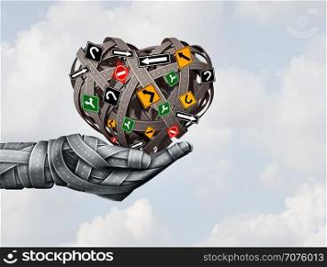 Driving love and the joy of the road as a transport safety concept or learning to drive with a group of highway roads shaped as a human hand holding a heart as a 3D illustration.