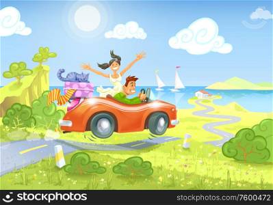 Driving to the Sea. The glad man and the happy woman driving a car with a luggage and a cat to the seaside..