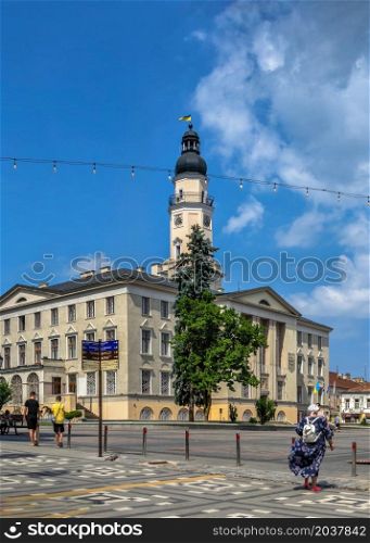 Drohobych, Ukraine 09.07.2021. Town Hall on the Market square in Drohobych, Ukraine, on a summer day. Town Hall in Drohobych, Ukraine