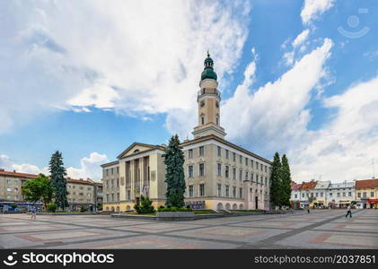 Drohobych, Ukraine 09.07.2021. Town Hall on the Market square in Drohobych, Ukraine, on a summer day. Town Hall in Drohobych, Ukraine