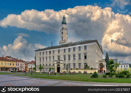 Drohobych, Ukraine 09.07.2021. Town Hall on the Market square in Drohobych, Ukraine, on a summer day. Town Hall in Drohobych, Ukraine